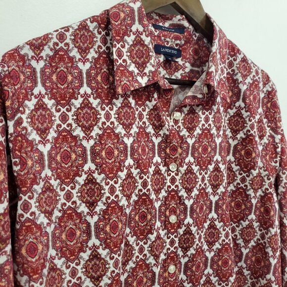 Lands End Womens No Iron Geometric Button Up Shirt Size 18 Pink Office Career - Picture 2 of 10
